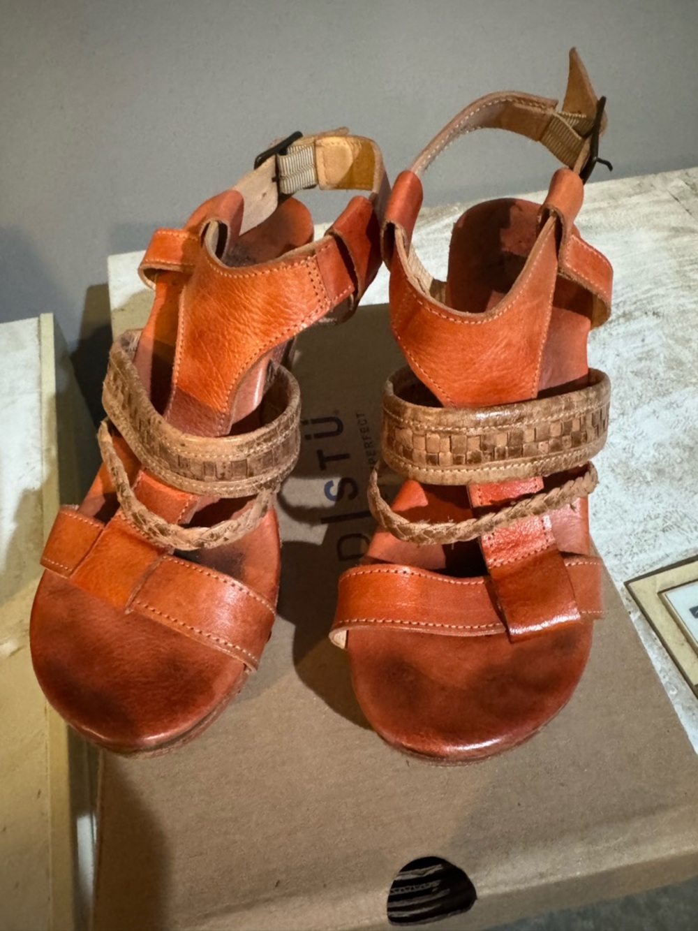 Bed Stu Rustic Cognac Leather Braided Strap Wedge Mules